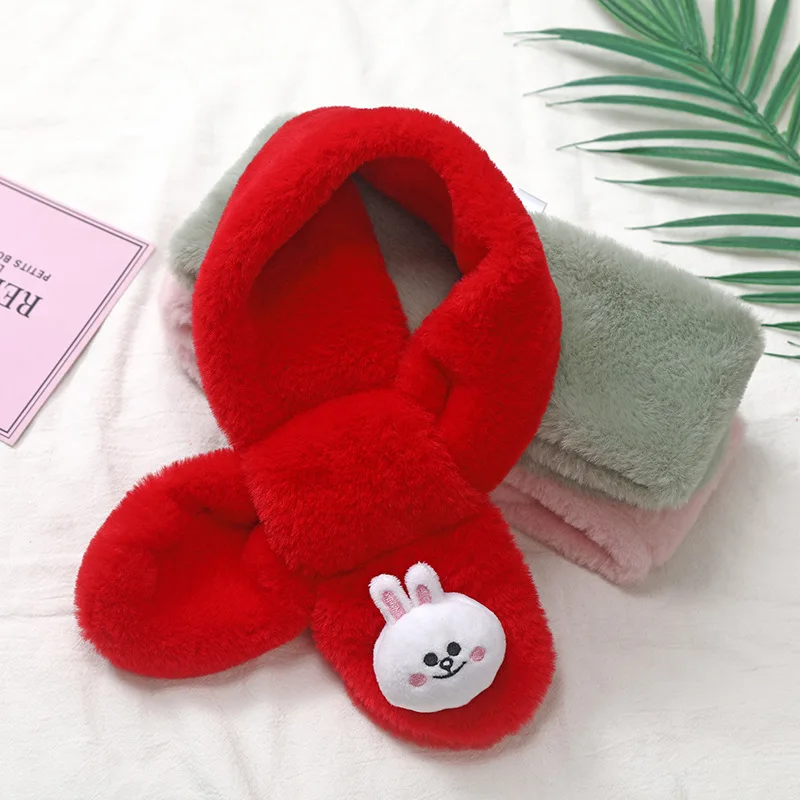 Baby Plush Scarf Autumn Winter Kids Warm Faux Fur Cross Scarves Cute Girl Boy Cartoon Soft Neck Ring Scarf New Korean Style