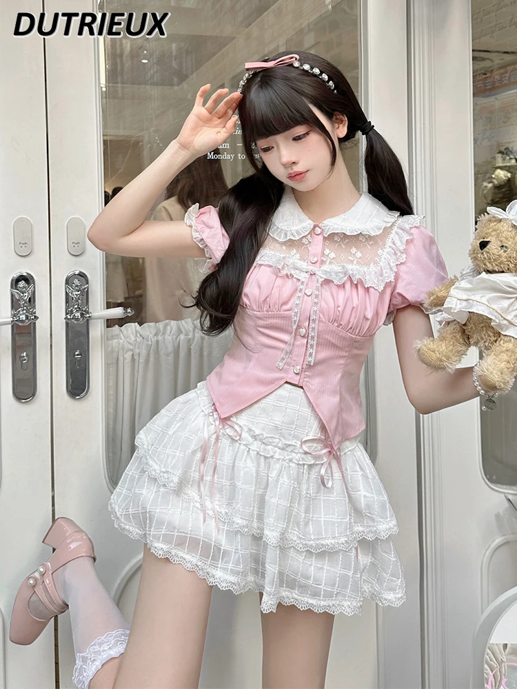 Spring and Summer New Sweet Pure Princess Style Pink Shirt Doll Collar Lace Short Sleeve Top and Cake Skirt Two Piece Suit