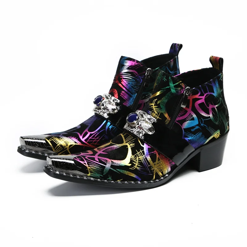 

Colorful Line Gilt Printed High Heel Chelsea Boots for Men High End Men's Wedding Banquet Shoes New Men's Genuine Leather Shoes