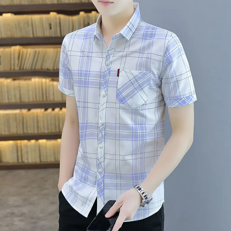 

Casual Business Plaid Printed Short Sleeve Shirts for Men Summer Fashion Lapel Tops Men's Checkered Shirt Chemise Homme E52