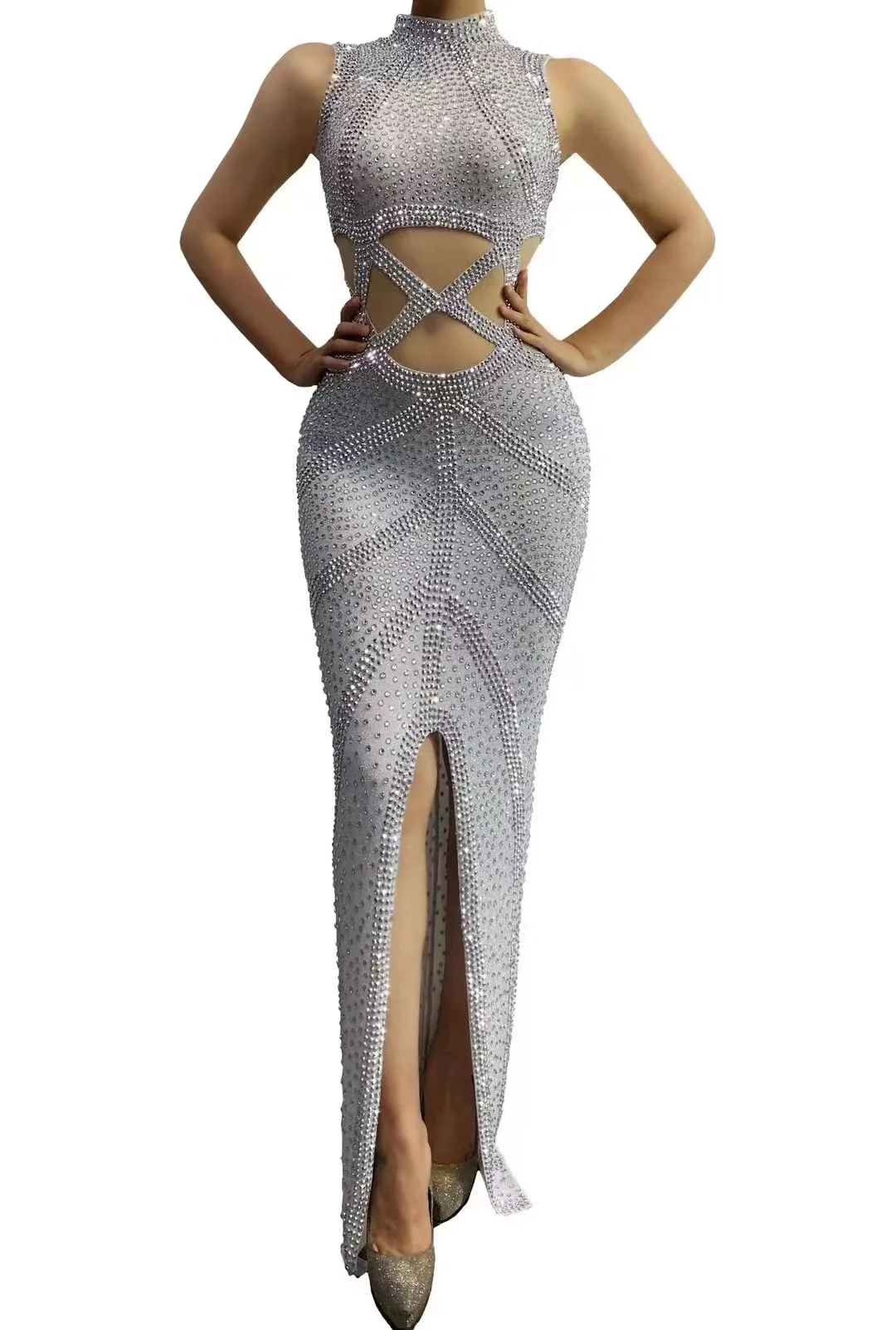 

New Performance Costume Sexy Female Singer Bar Nightclub DJ Stage Sexy DS Party GOGO Magnificent Full of Diamonds Long Dress