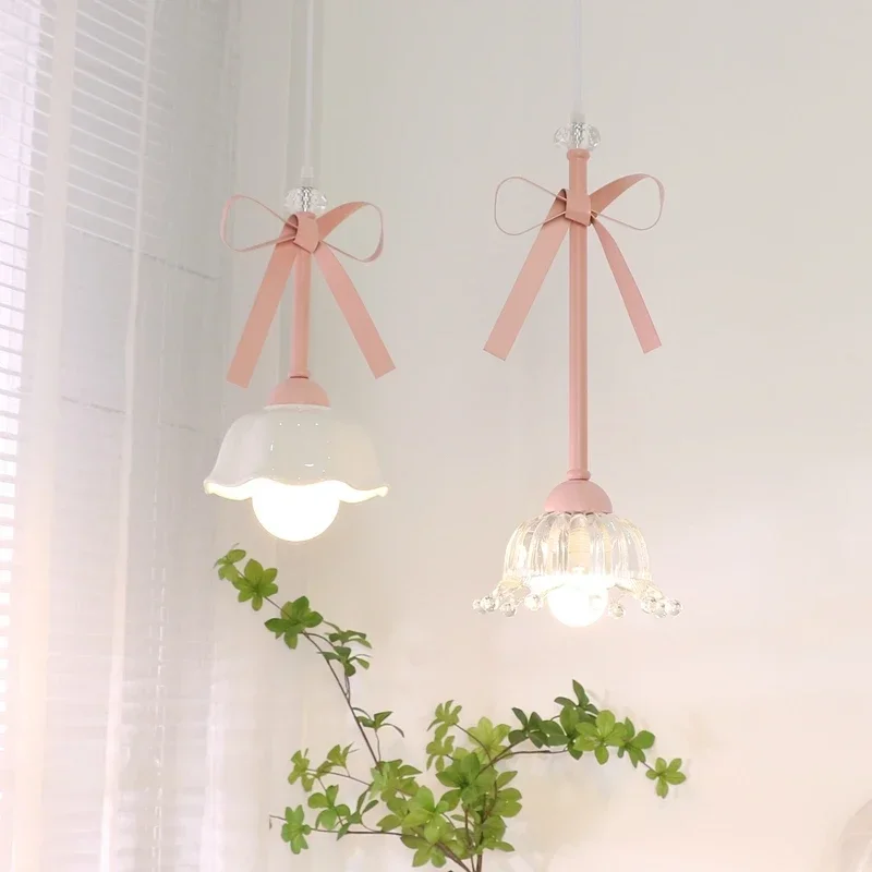 

RomaticPrincessRoomGirlLEDPendantLampForBedroomLightingCeramicGlassSconcesPinkBowknotCeilingSuspendedLight