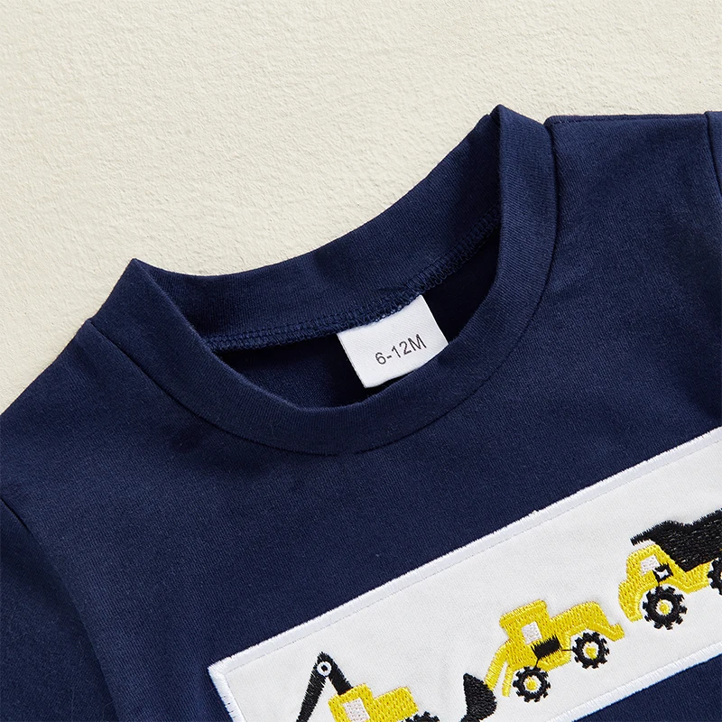 Toddler Infant Baby Boys Summer Clothing Sets Short Sleeve Tractor Embroidery T-shirt Tops + Striped Shorts 2pcs Outfit Boys Clothing Set
