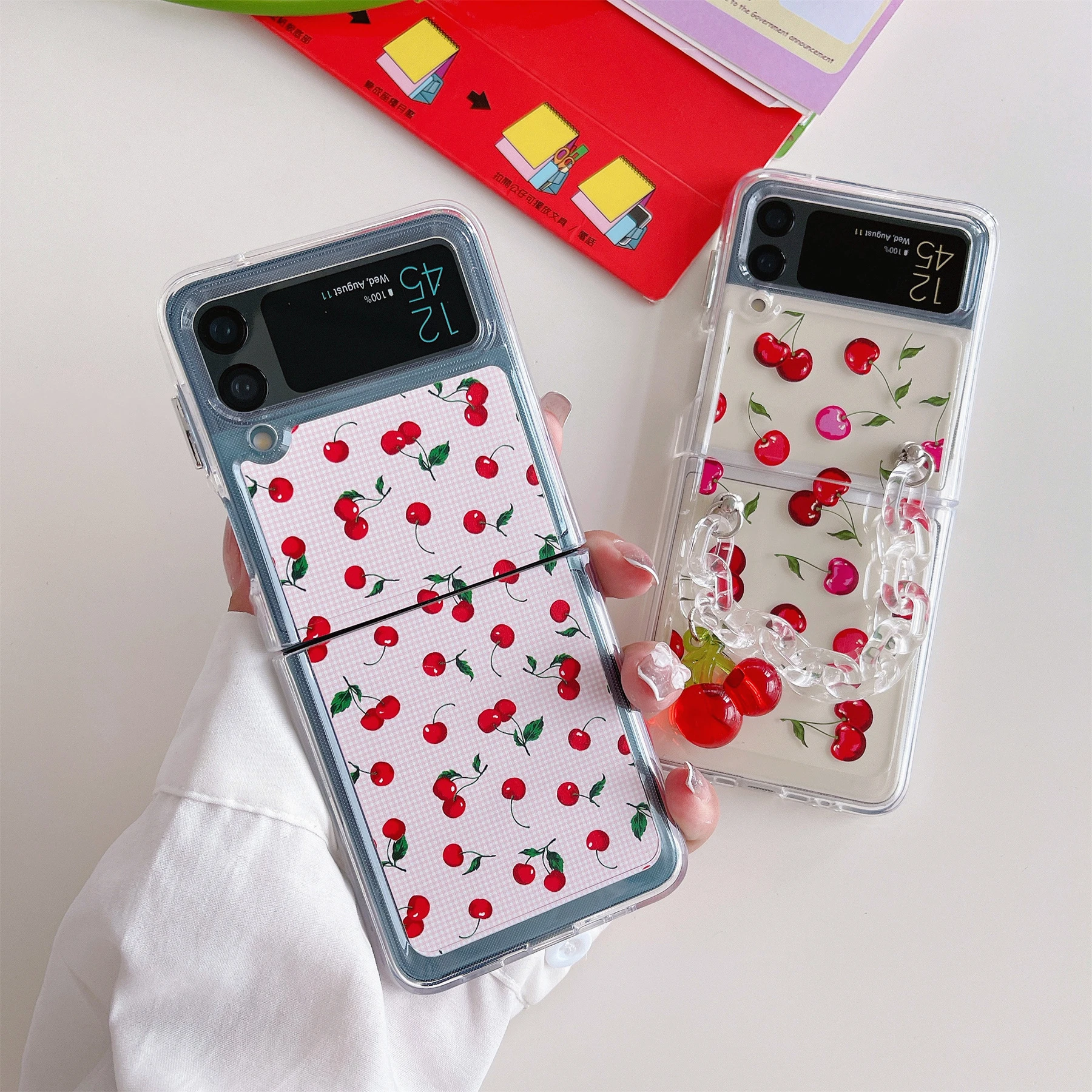 Korean Cute Cherry Bracelet Chain Transparent Phone Case for Samsung Galaxy Z Flip 3 5G Z Flip3 Zflip3 Clear Cover Funda galaxy flip3 case