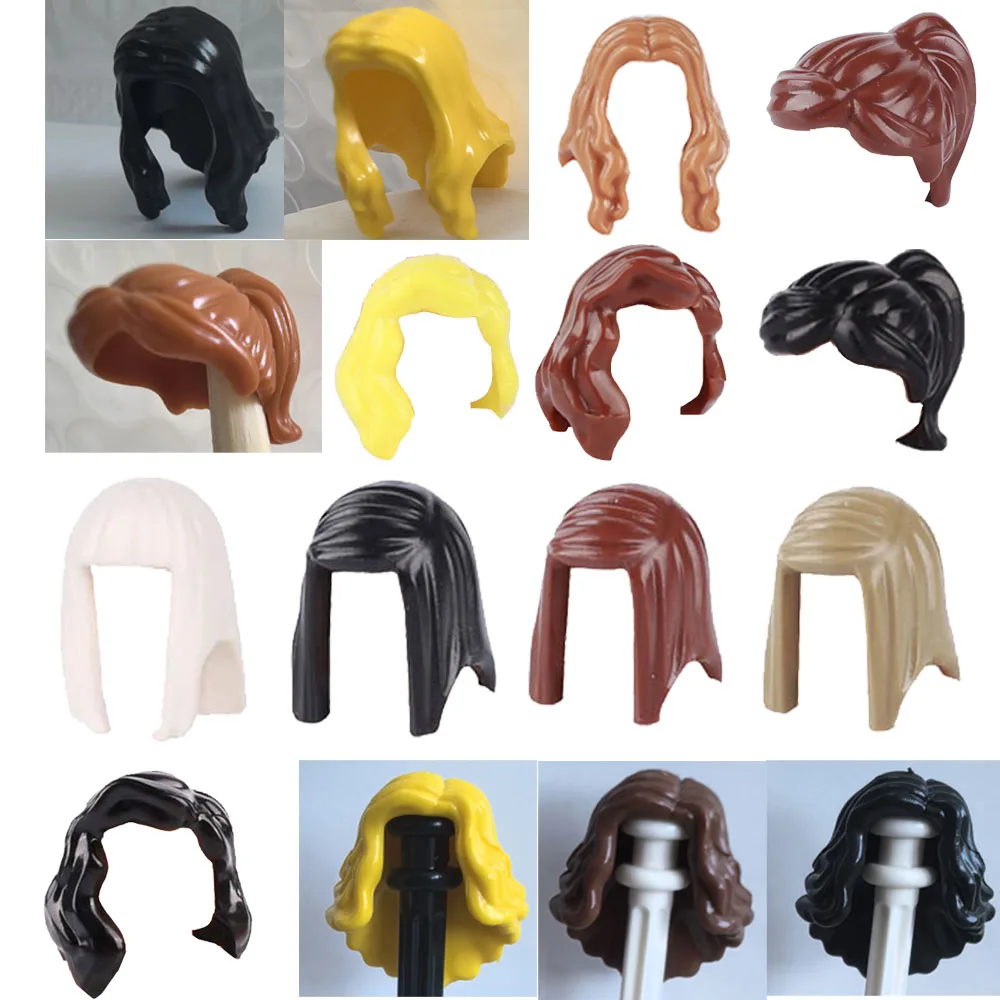 MOC 현대 도시 헤어 액세서리 빌딩 블록 피규어 소년 소녀 브라운 블랙 2 색 헤어 스타일 포니 테일 곱슬 DIY 장난감 K054