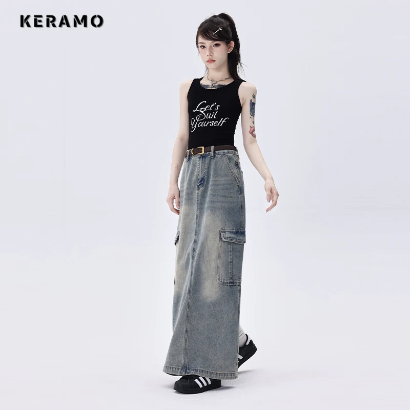 

2023 Autumn Women Vintage Baggy Blue Cargo Pockets Denim Skirt Grunge High Waist Y2K Street Style Basic A-Line Long Skirt