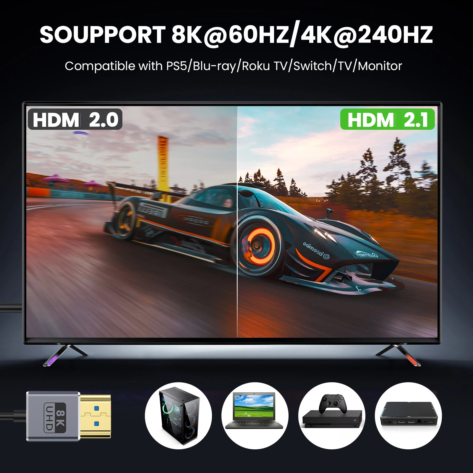 ʽ  HDMI-compatible2.1 ̺, Ʈ PC PS4 Xbox   HDTV  ڵ, 8K @ 60Hz, 4K @ 240Hz, 48Gbps, OD2.5mm