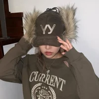Winter Corduroy Baseball Caps For Women Men Fashion Warm Thick Furry Faux Fur Earflap Hats Retro Letter Embroidery Snapback Hat 1