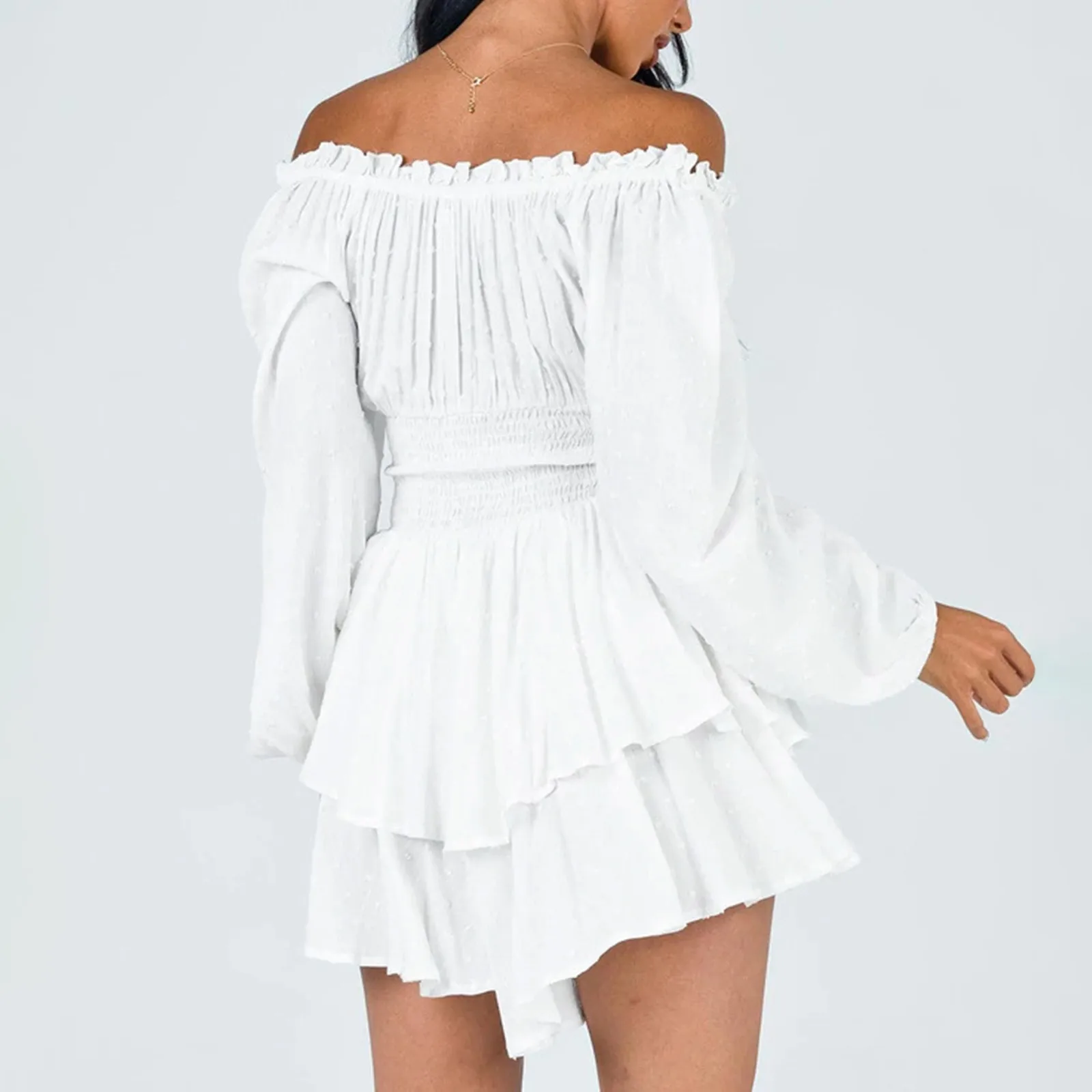Summer Dress For Women One-Shoulder Corseted Mini Robe Ruffled Layered Chiffon Culottes Crew Neck Off Shoulder Swing Mini Dress 4