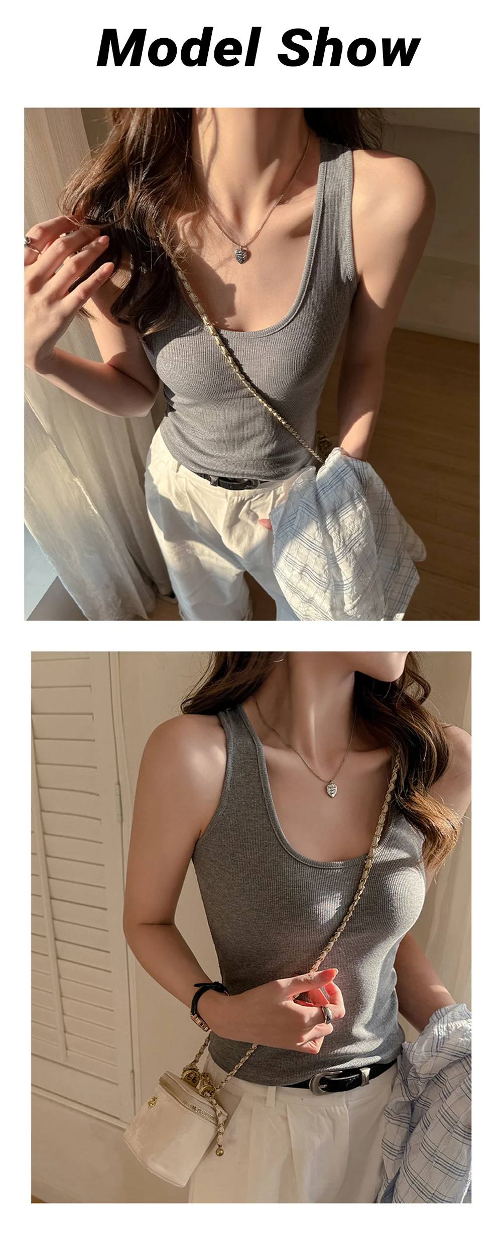 Damen Einfarbiges Spitzen-Top im Koreanischen Stil, Sommerliches Trendiges Baumwoll-Unterhemd, Ärmelloses Camisole mit U-Ausschnitt, Bequemes Damen-Tanktop – Detail 7