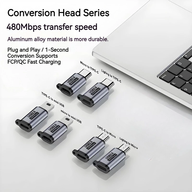 알루미늄 마이크로 USB to 타입 C 어댑터 미니 USB C 480Mbps 고속 데이터 충전 커넥터 폰 고프로 MP3 카메라 하드 디스크용