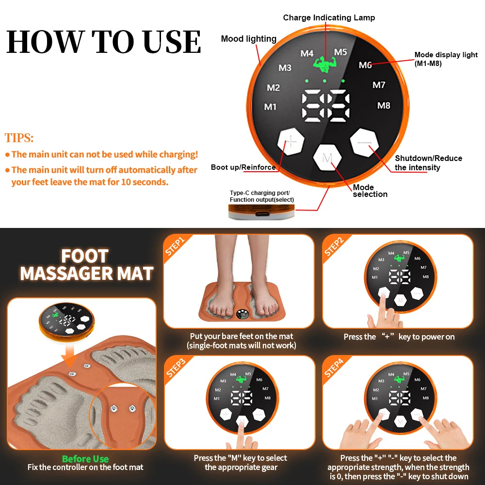 Rechargeable Foot Massager Pad with 8 Modes for Relaxation