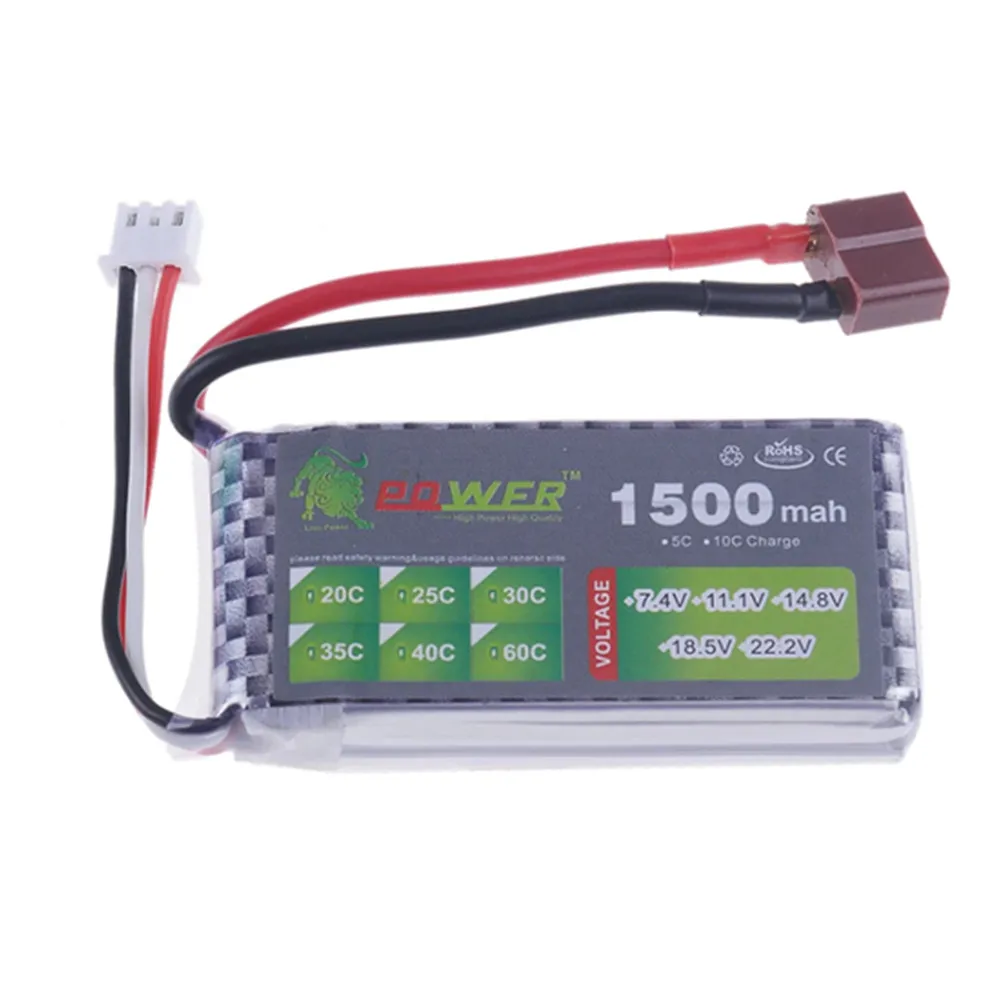 Gros plan sur les connecteurs T et JST de la batterie LiPo 11.1V pour drone, voiture ou avion.