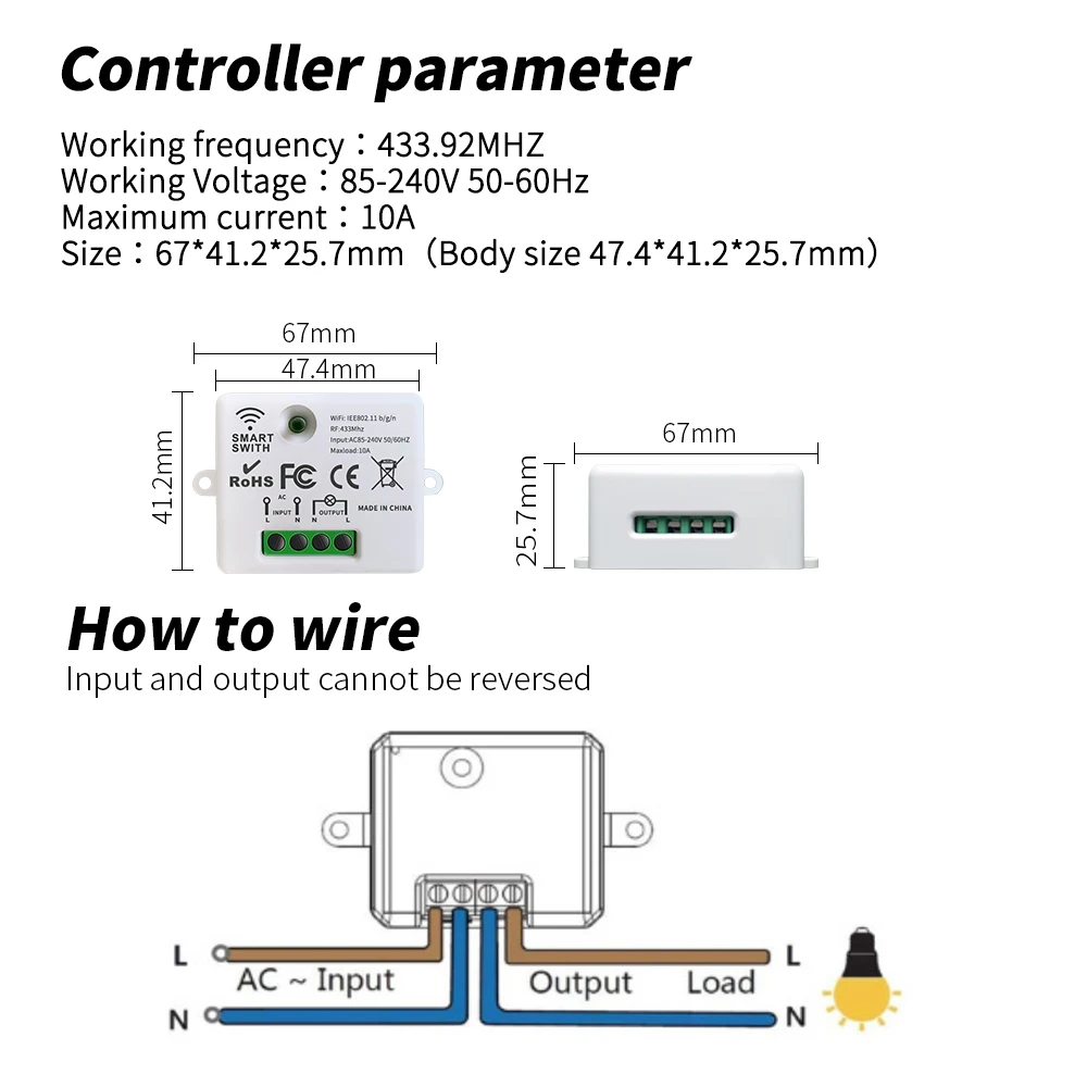 Wireless Light Switch 433MHz RF Remote Control Set Home 110V 220V 10A Mini Controller House Wall