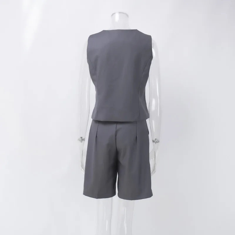 V-Neck Sleeveless Female 2 Piece-Set Casual Slim Straight Trousers Pocket Solid High Street Outfits Fashion Shorts Sets