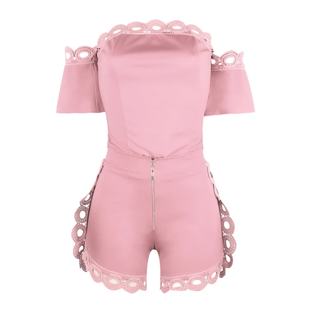 Lace Floral Off Shoulder Tracksuit Women Two Piece Set Summer Clothes Slash Neck Short Sleeve Top Shorts Suit Streetwear Outfits Pink