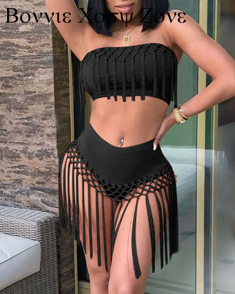 

Women's Swimming Suit 2022 New Tassel Decor High Waist Bikini Set