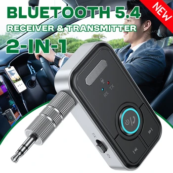 Upgraded Bluetooth 5.4 Car AUX Audio Adapter HiFi Stereo Wireless Receiver & Transmitter 3.5mm with Microphone for Hands-Free Calling