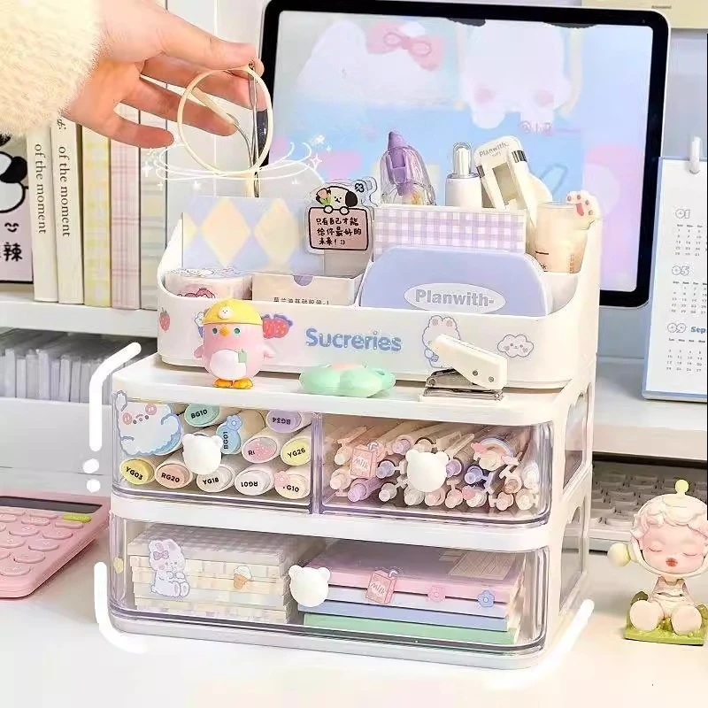 스택형 데스크탑 스토리지 박스 주최자 학생 귀여운 책상 편지지 스토리지 랙 다층 투명 서랍 스토리지 펜 홀더 Kawai