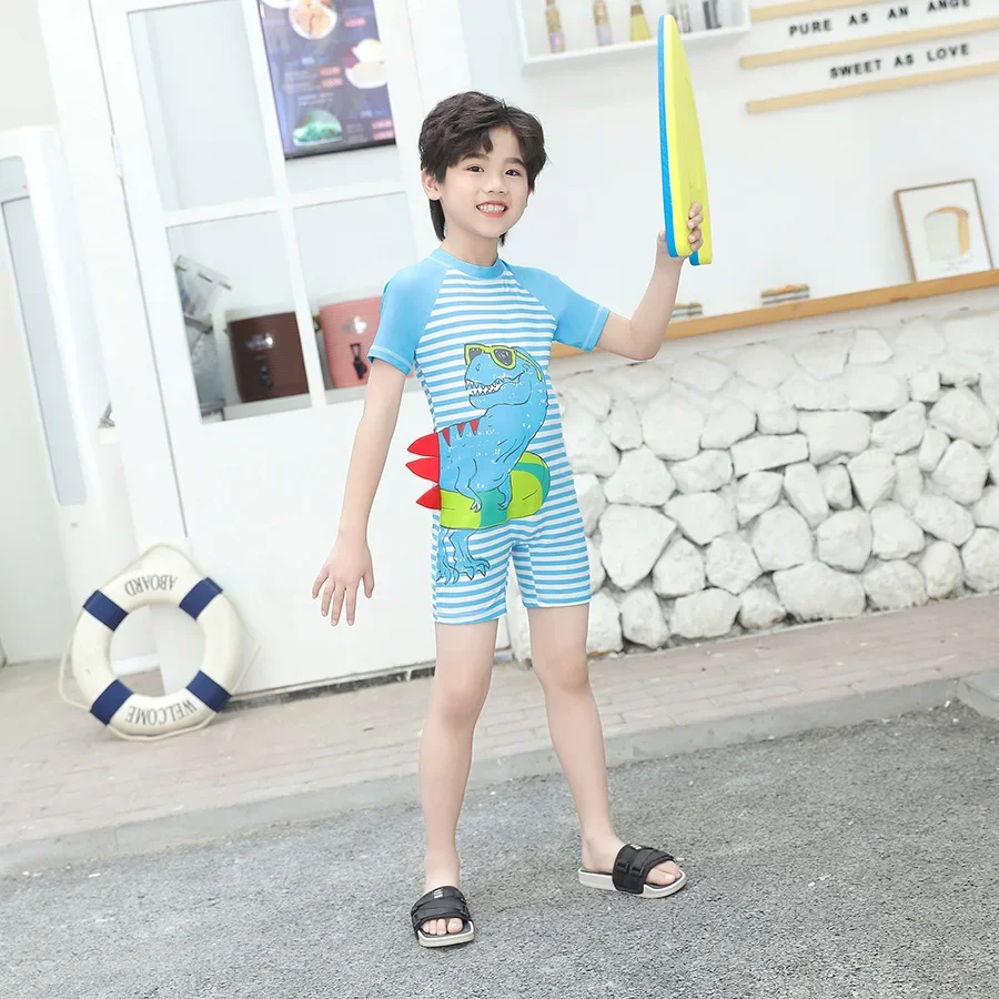 Children's Striped Swimsuit, 3D Dinosaur Sunscreen One Piece Swimwear, Short Sleeve, Boys' and Girl Hot Spring Clothes, Summer