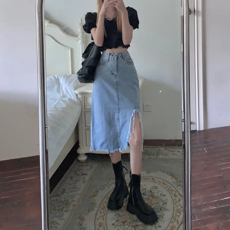 Ladies Ripped Dresses Hollow Out Retro Skirts Street Dress Korean Style Oversized Casual Vintage Women's Denim Skirt Y2K Dresses
