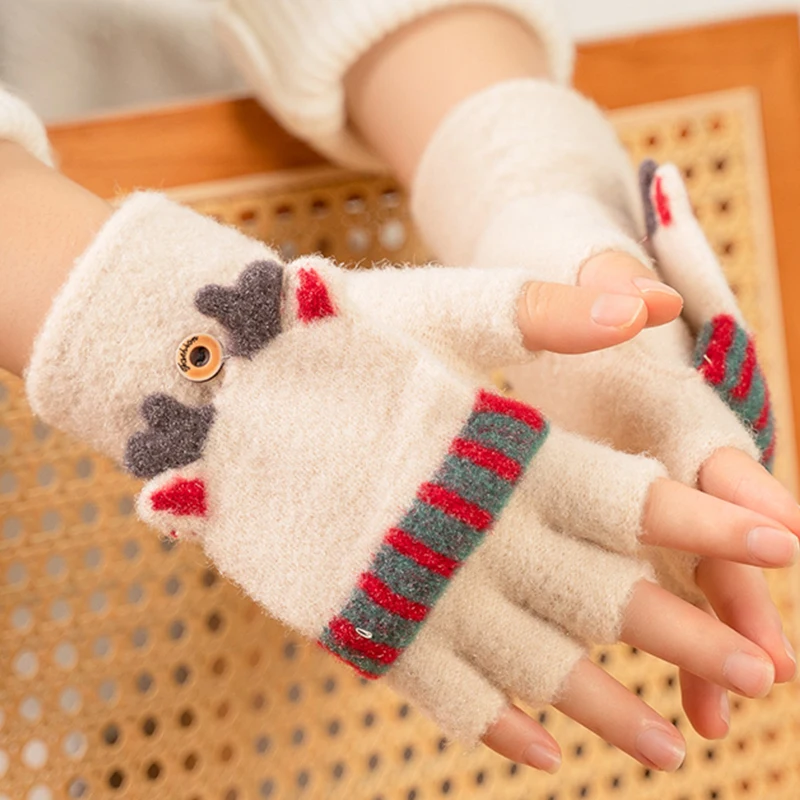 Cute Deer Ear Gloves Fingerless Flip Mittens Winter Warm Wool Touchscreen Gloves Flap Cover Men Knitting Mitten Women Men Glove christmas snowflake touchscreen five finger gloves for women knitted wool student outdoor winter warm cute fingertip mittens