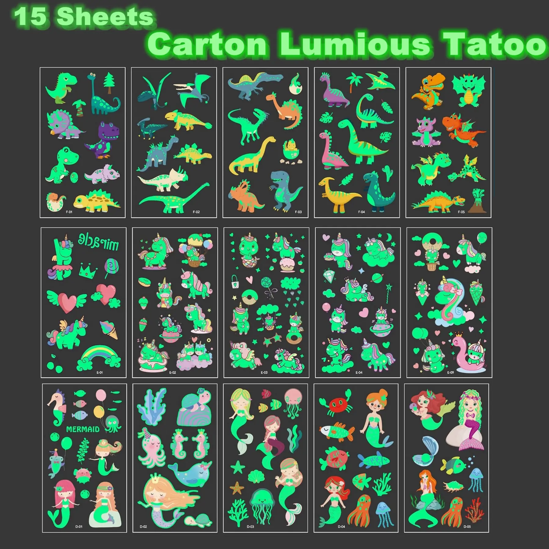 Carton Lumious Tatoo Kids Play Temporary Tatoo Sticker for Childrens Body Art Mermaid Sticker Glow Paste on Face Arm tattoo sticker 15 Sheets