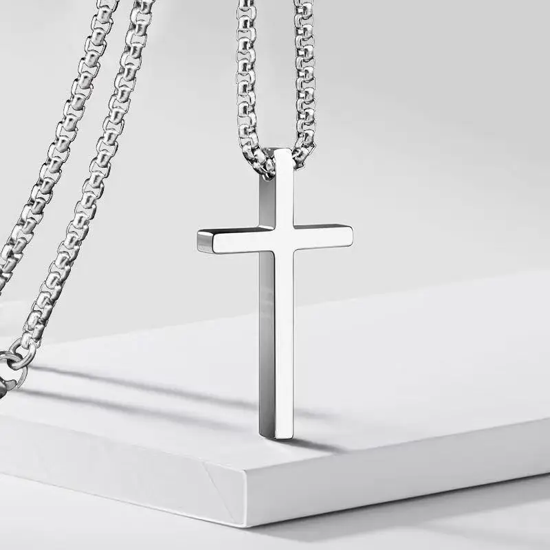 Hip Hop Trend Cross Pendant Necklace for Men Simple Punk Silver Color Titanium Steel Chain Versatile Street Jewelry