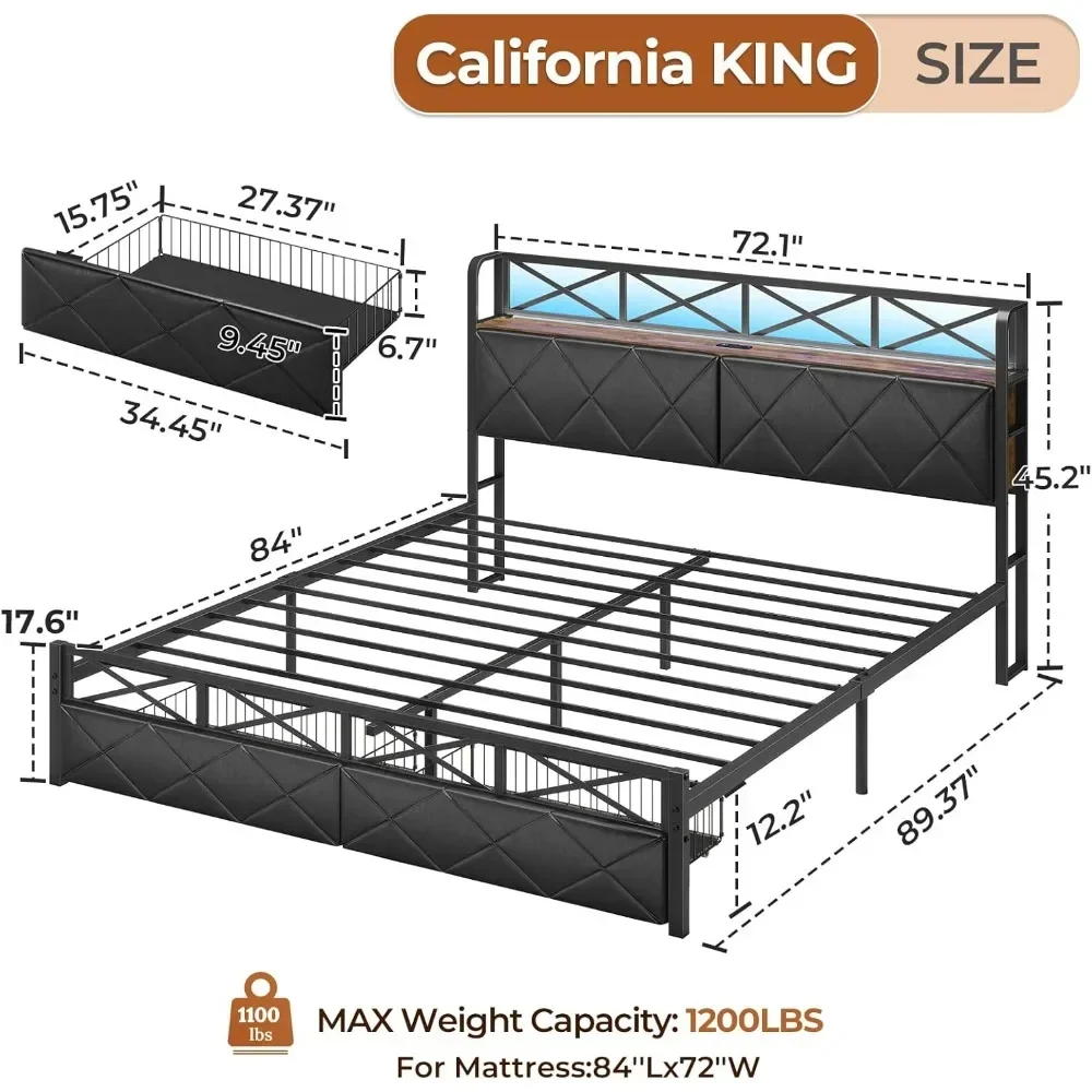 California King Bed Frame with Hidden Storage, 2 Drawers, Led Lights, Charging Station, Upholstered Headboard, Bed Frame 2