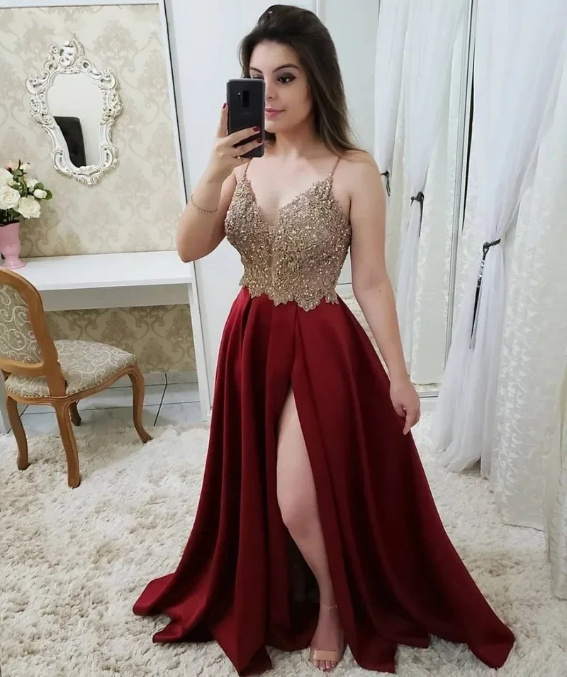 

Vintage Spaghetti Straps Burgundy Evening Party Gowns Sexy Side Split Satin Lace Beading Vestidos De Festa Prom Dress HOT