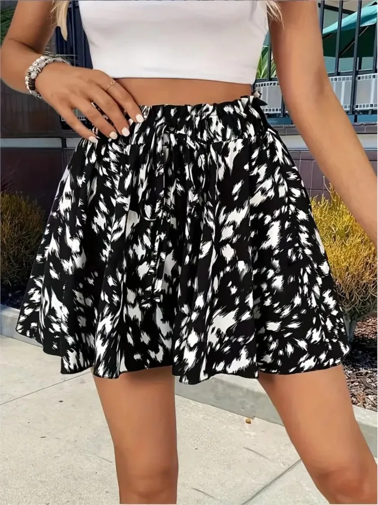 Women New Floral Print Drawstrings Elastic Waist Shorts Summer Fashion Bohemian Beach Bottom Loose Wide Leg Ruffle Hem Shorts 5