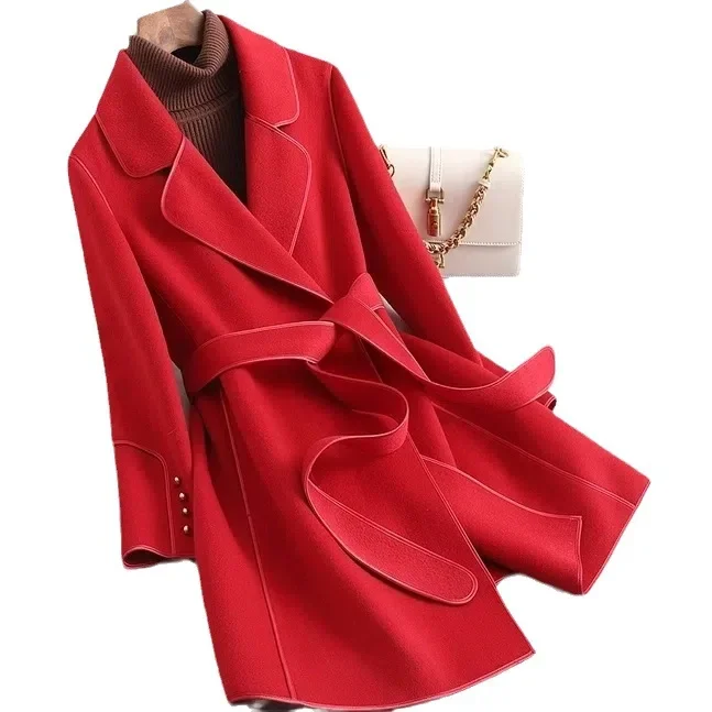 Elegant Oversize M-9xl Belt Luxury Wool Blend Coats Women Korean Fashion Loose Mid Length Overcoat 2023 Simple All-match Outwear