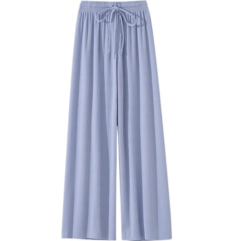 Ice Silk Wide-leg Pants Women Summer 2023 New High Waist Drape Loose Narrow Version Straight Casual Summer Thin Pants peacock teal narrow thin stripes pattern shower curtain in the bathroom curtain