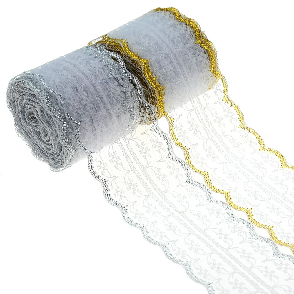Lace Ribbon Lace Fabric Lace Sewing Supplies Lace Sewing Accessories Lace Garment Accessories Lace Accessories Lace Decoration 10Meters Gold Silver Edge White Lace Ribbon DIY Apparel Sewing Fabric Christmas Birthday Party Gift Packaging 45mm Lace Tape