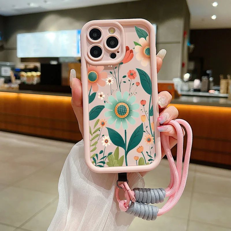 Floral Wrist Chain Lanyard Phone Case with Soft TPU Cover