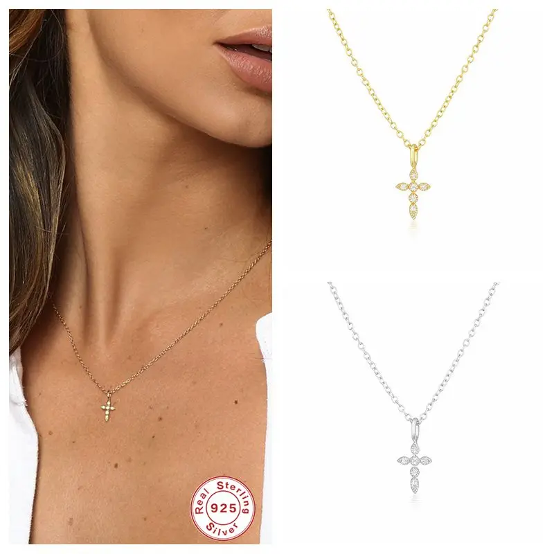 Collana con ciondolo a croce in vero argento Sterling 100% 925 per donna, donna, donna, regalo di compleanno, catena Colgante, Collares, gioielleria raffinata  36