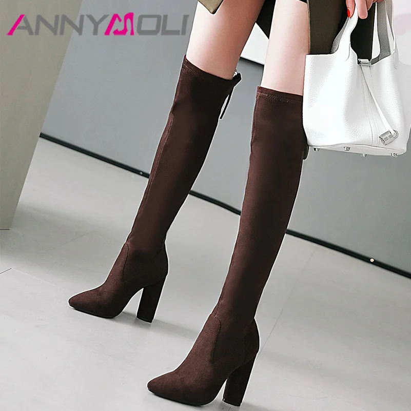 

ANNYMOLI Women Flock Stretch Boots Over-the-Knee Thick Hing Heel Pointed Toe Zipper Sexy Winter Autumn Shoes Black 33-46