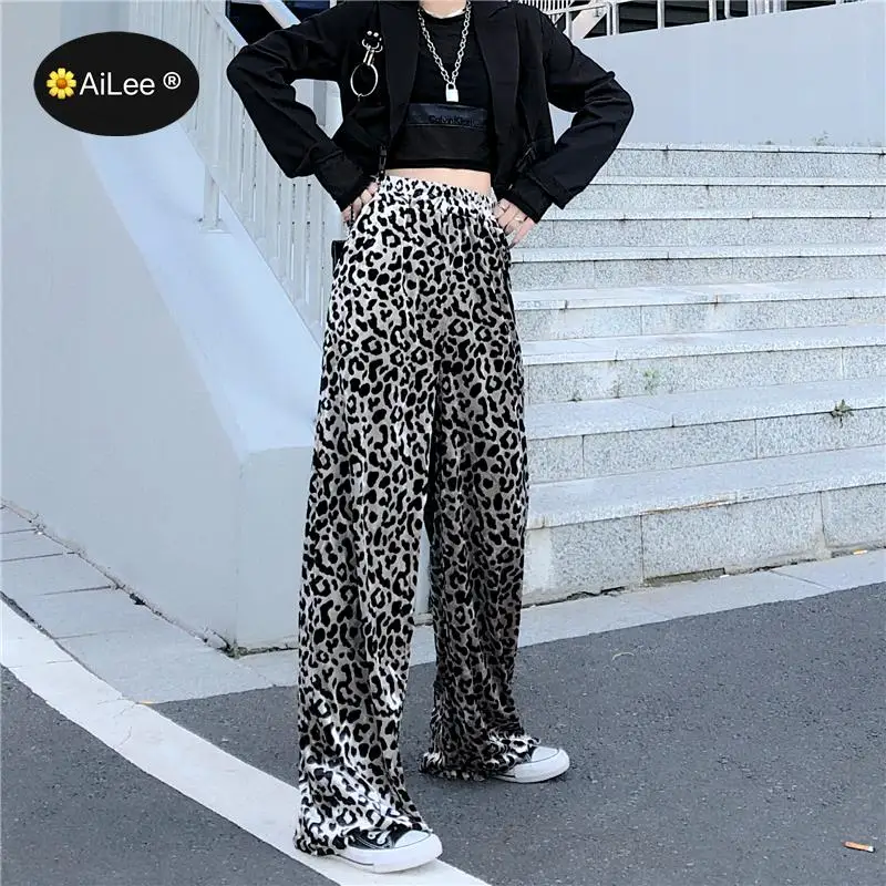 Korean Fashion Ins Harajuku Leopard Pants Women Mujer Floor Length Long Wide Leg Pant Chic BF Straight Draped Elastic High Waist