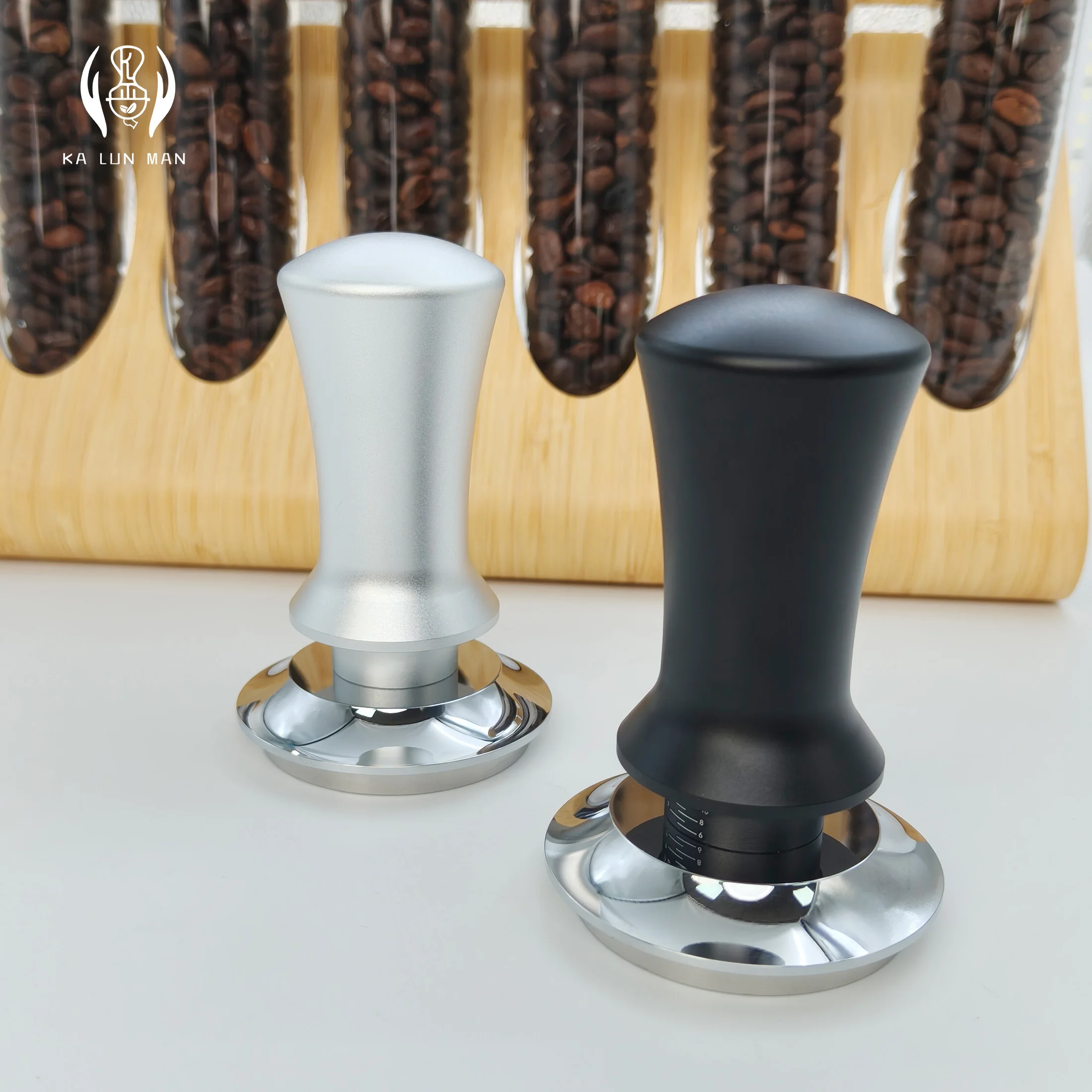 Espresso tamper stainless steel Threaded bottom aluminum alloy body available in silver and black dimensions:51.53.58mm. 1PC