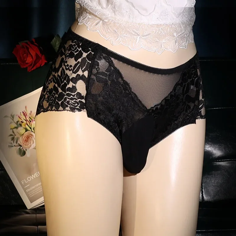 

Jacquard See Through Panties Men Floral Lace Sissy Pouch Brief Sexy Silky Underwear Male Lingerie Shorts Physiological Underpant