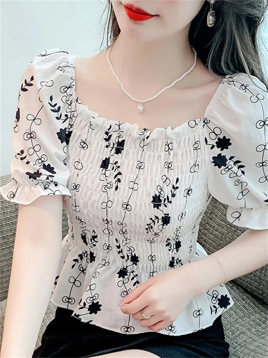 

Woman Summer Style Blouses Tops Lady Casual Short Puff Sleeve Square Collar Flower Printed Blusas Tops DF4596