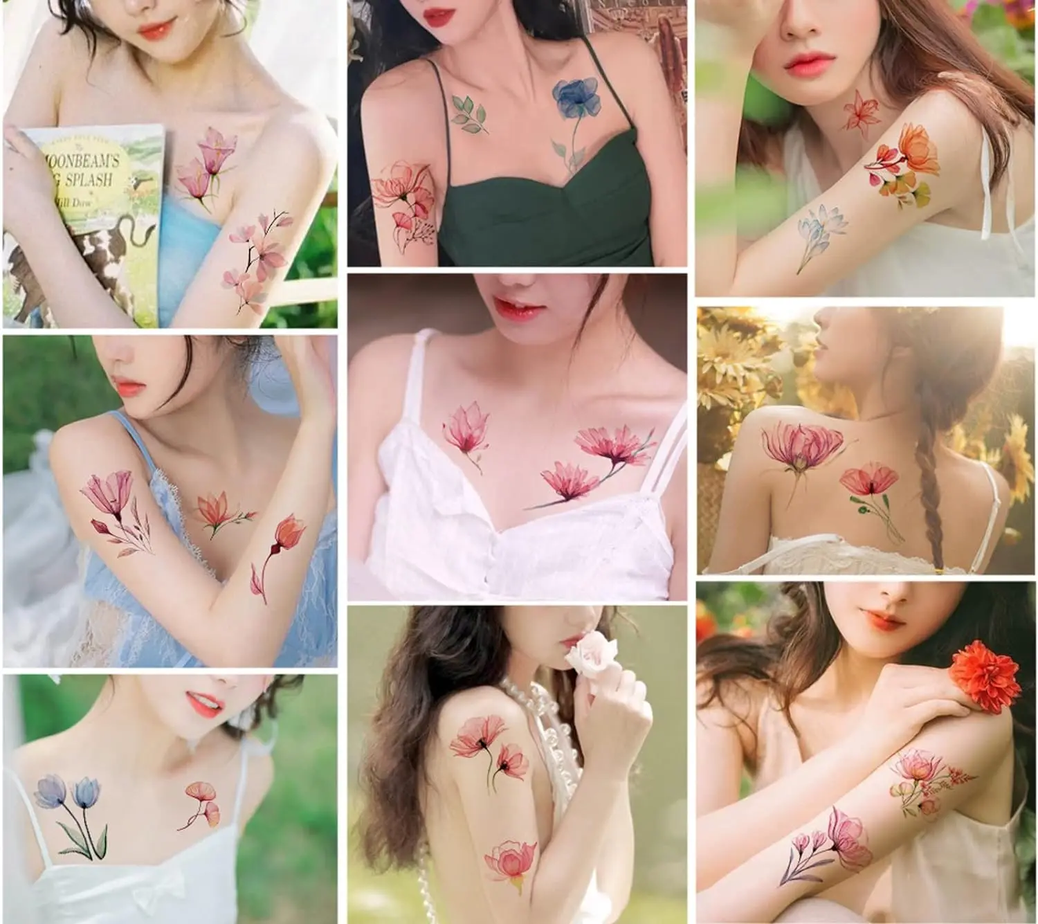 Per Ragazze Acquerello - 80 Stili Di Fiori Per Donne E Ragazze -  Impermeabili E Facili Da Applicare Tatuaggi Temporanei, image size:1500x1335