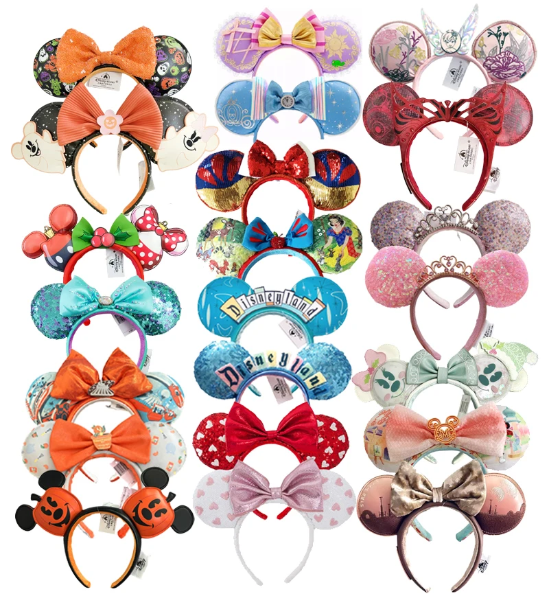 2026 Mickey Mouse Ears Headband 2025 Cinderella Rapunzel Princess Bow Minnie Ear Headwear for Adult Kids Holiday Hairband
