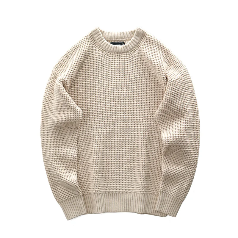 

Vintage Waffle Knitted Sweater Men Autumn Winter New Thick Khaki Round Neck Loose Long Sleeve Retro Casual Pullover Tops
