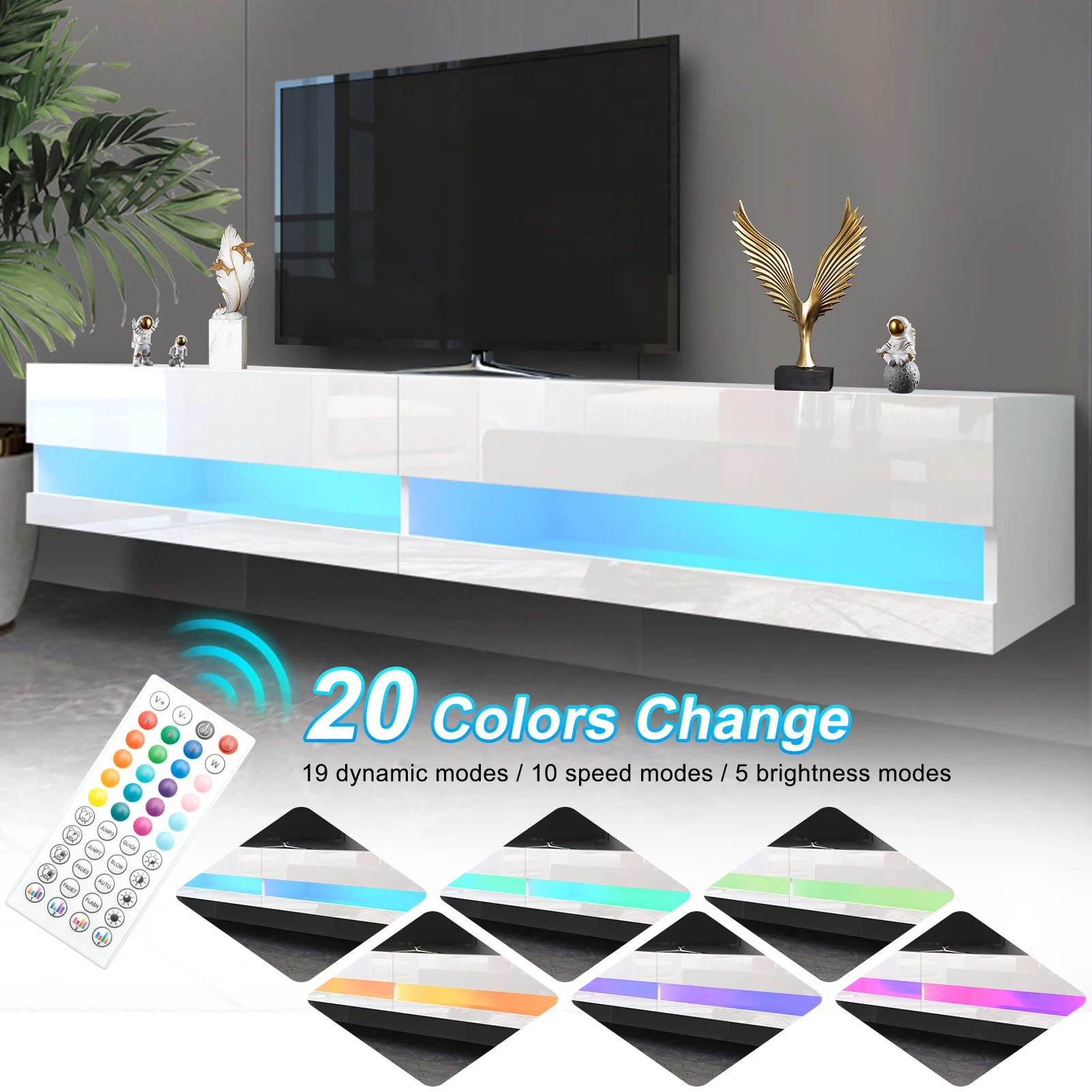 71" Floating TV Stand for 75/80" TV, Wall Mounted LED TV Stand w/Power Outlets, Modern High Gloss Media Console, White/Black 3