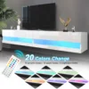 71" Floating TV Stand for 75/80" TV, Wall Mounted LED TV Stand w/Power Outlets, Modern High Gloss Media Console, White/Black 3