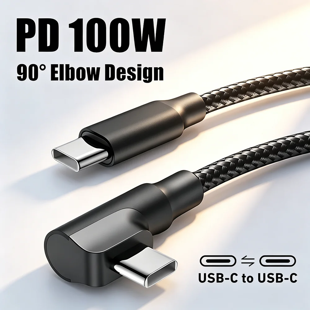90 Degree PD 100W USB C Fast Charging Braided Cable For iPhone 15 16 17 Samsung Huawei Honor Xiaomi Redmi POCO Type C to Type C