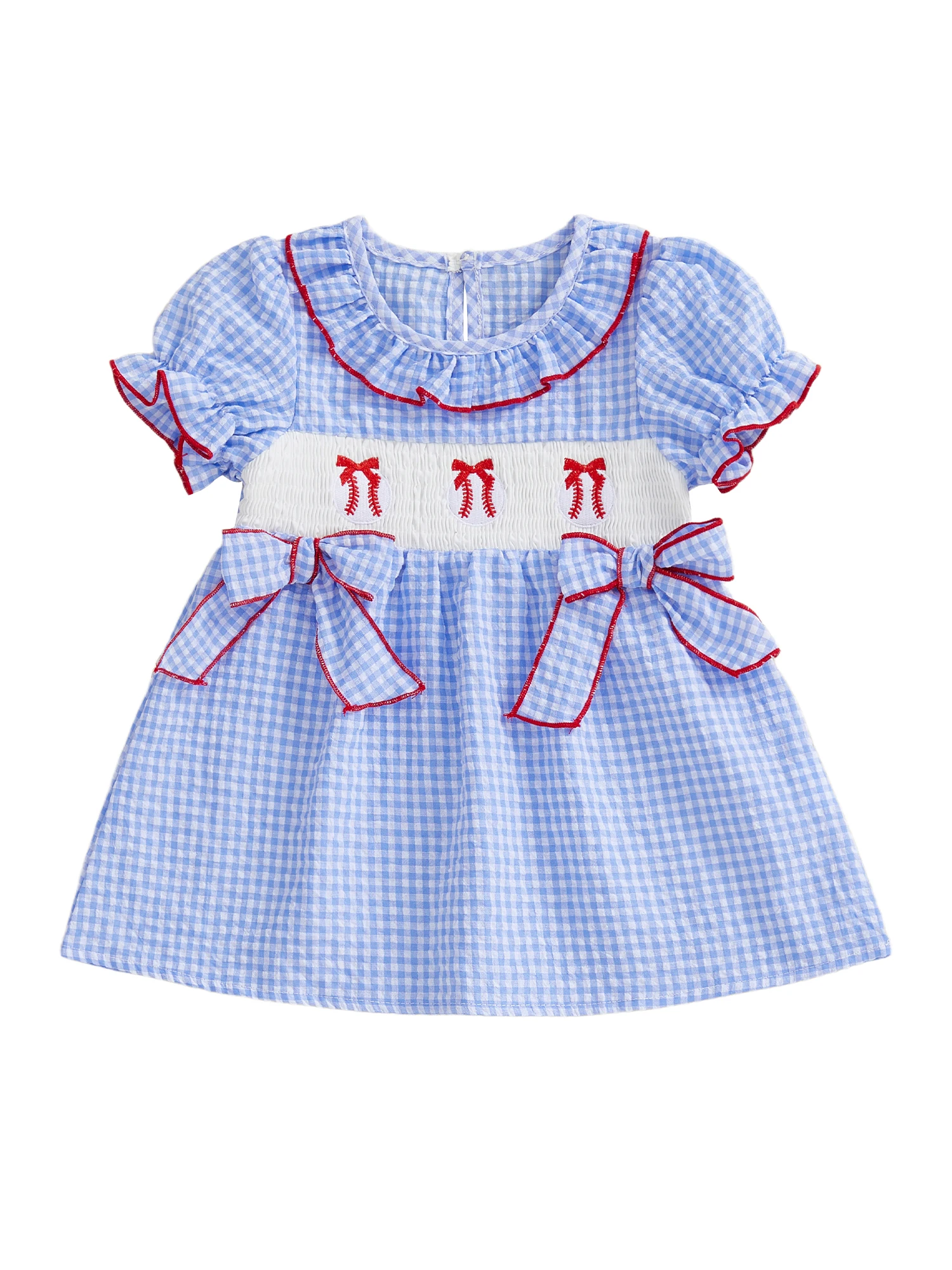 Infant Baby Girl Dress Ruffle Sleeve Round Neck Floral Embroidery Smocked A Line Checkered Dress with Bow Detail