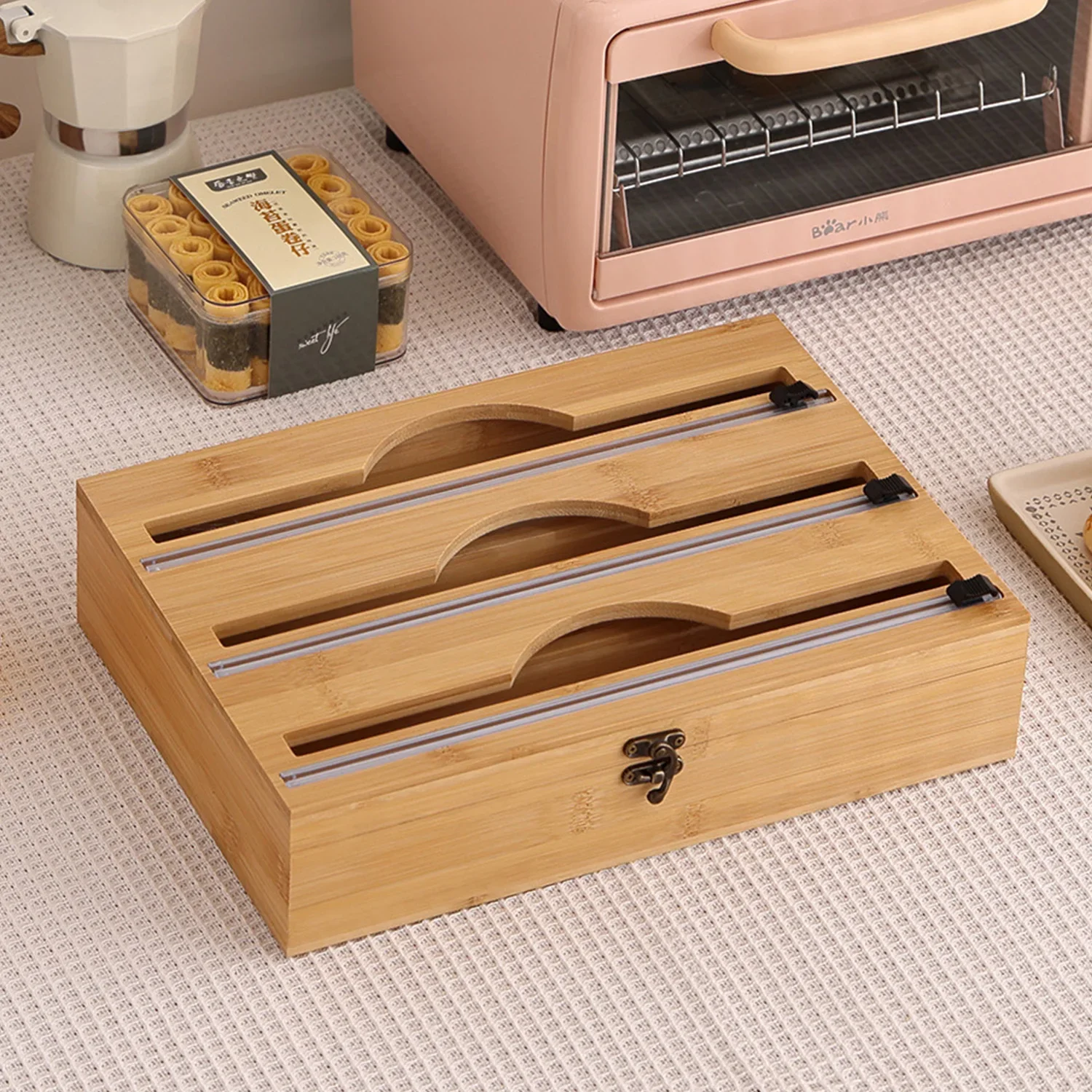 

New 3 In 1 Bamboo Wrap Dispenser Storage For Aluminum Foil With Cutter Cling Film Holder Kitchen Accessories