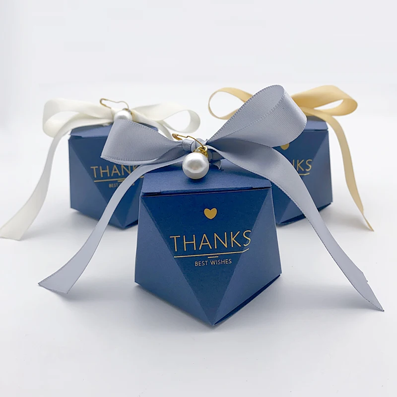 Diamond Shape Baby Shower Favors Gift Box For Guests Chocolate Gift Packing Blue/Pink Boxes Wedding Birthday Party Supplier With Ribbon And Pearl (blue Box With Gold Ribbon